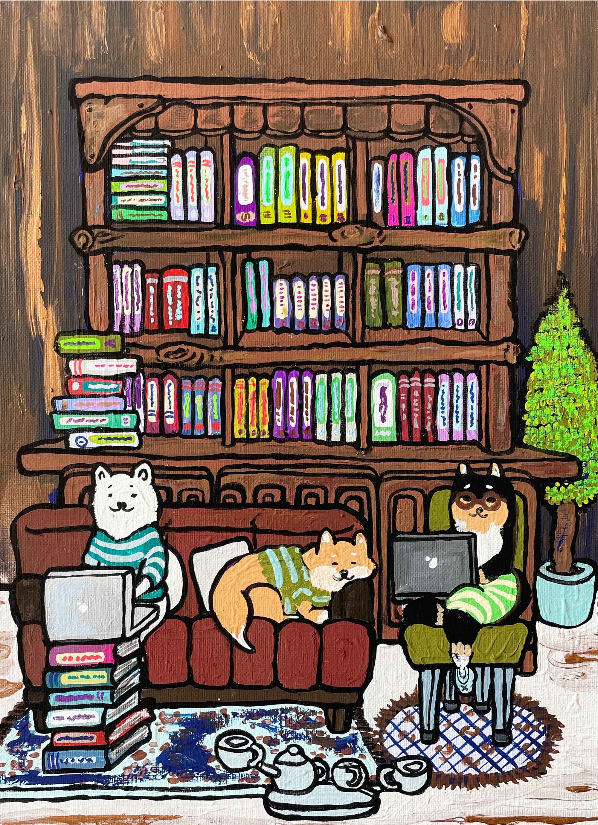 【原画：4号】3人の学ぶ柴犬［3 shiba dogs are studying ］