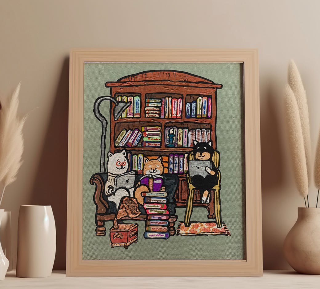 【原画：3号】学ぶ柴犬（  olive green ）［Shiba Inu dogs studies    olive green］