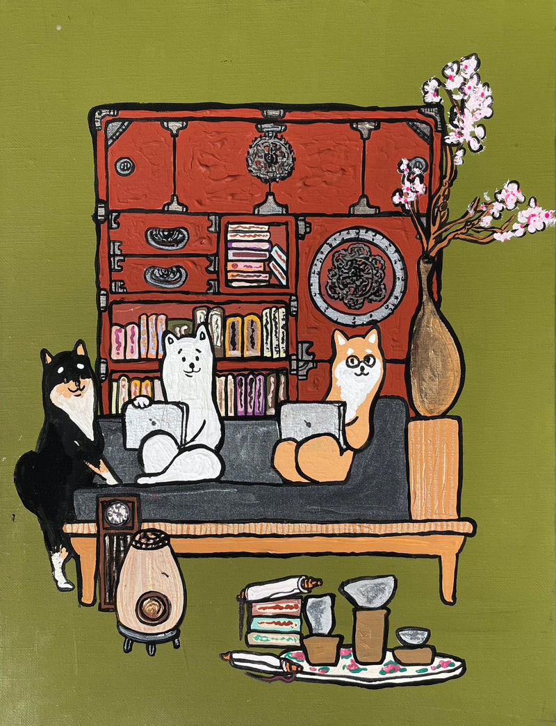 【原画：6号】学ぶ柴犬（ Japanese pattern green）