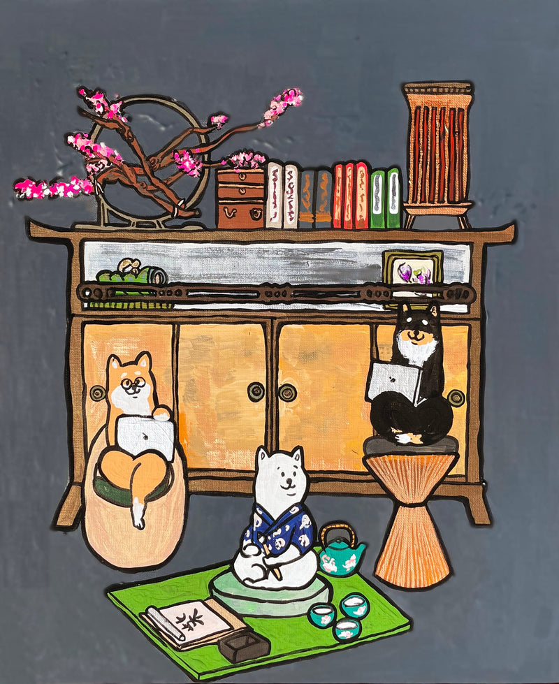 【原画：8号】学ぶ柴犬（ Japanese pattern black）