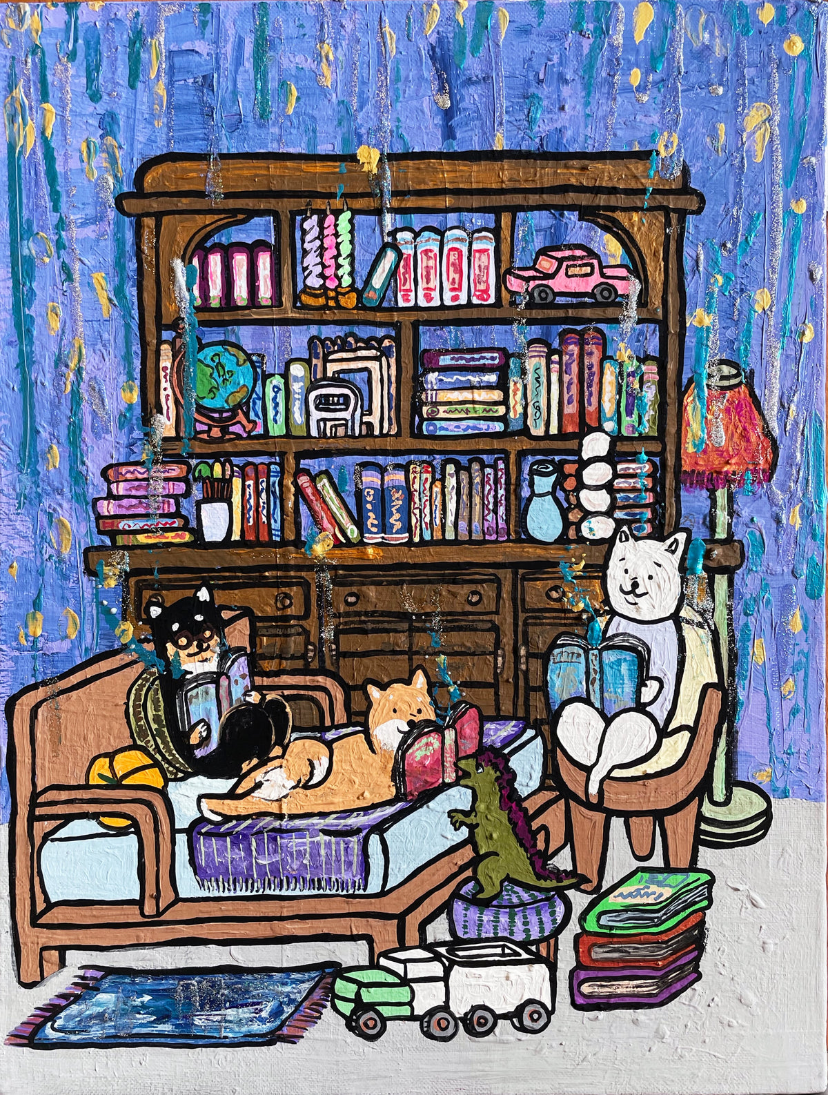 【原画：6号】学ぶ柴犬（midnight blue）［Shiba Inu dogs studies］