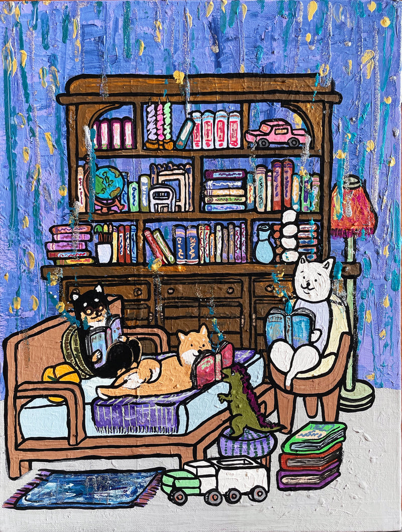 【原画：6号】学ぶ柴犬（midnight blue）［Shiba Inu dogs studies］