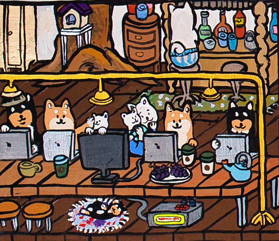 【原画：60号】サーバールームと柴犬（Server room and Shiba Inu dogs）