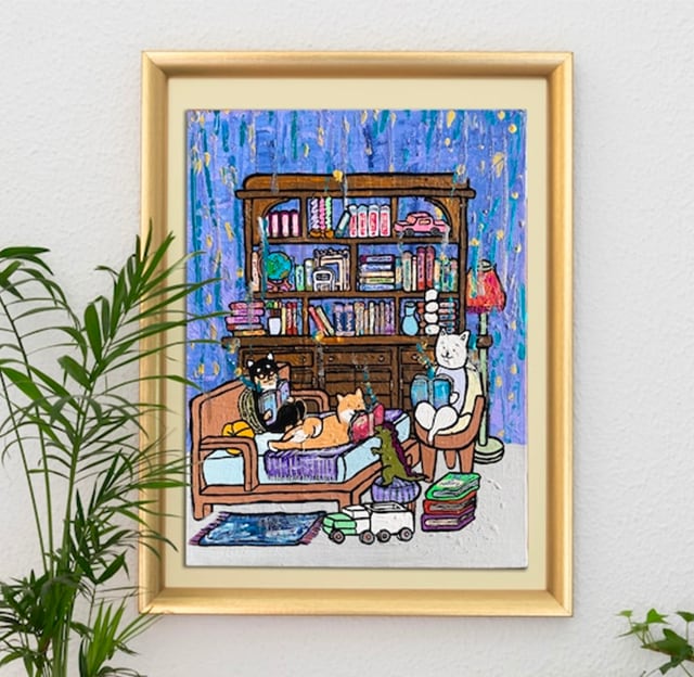 【原画：6号】学ぶ柴犬（midnight blue）［Shiba Inu dogs studies］