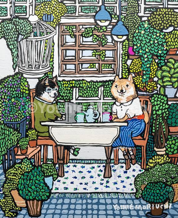 【原画】 胡麻柴さんと黒柴さんのお茶タイム　（ Tea time with sesame color Shiba Inu and Black Shiba Inu）