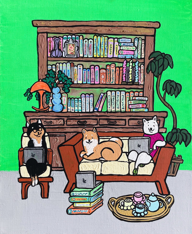 【原画：8号】学ぶ柴犬（Bright green）［Shiba Inu dogs studies］
