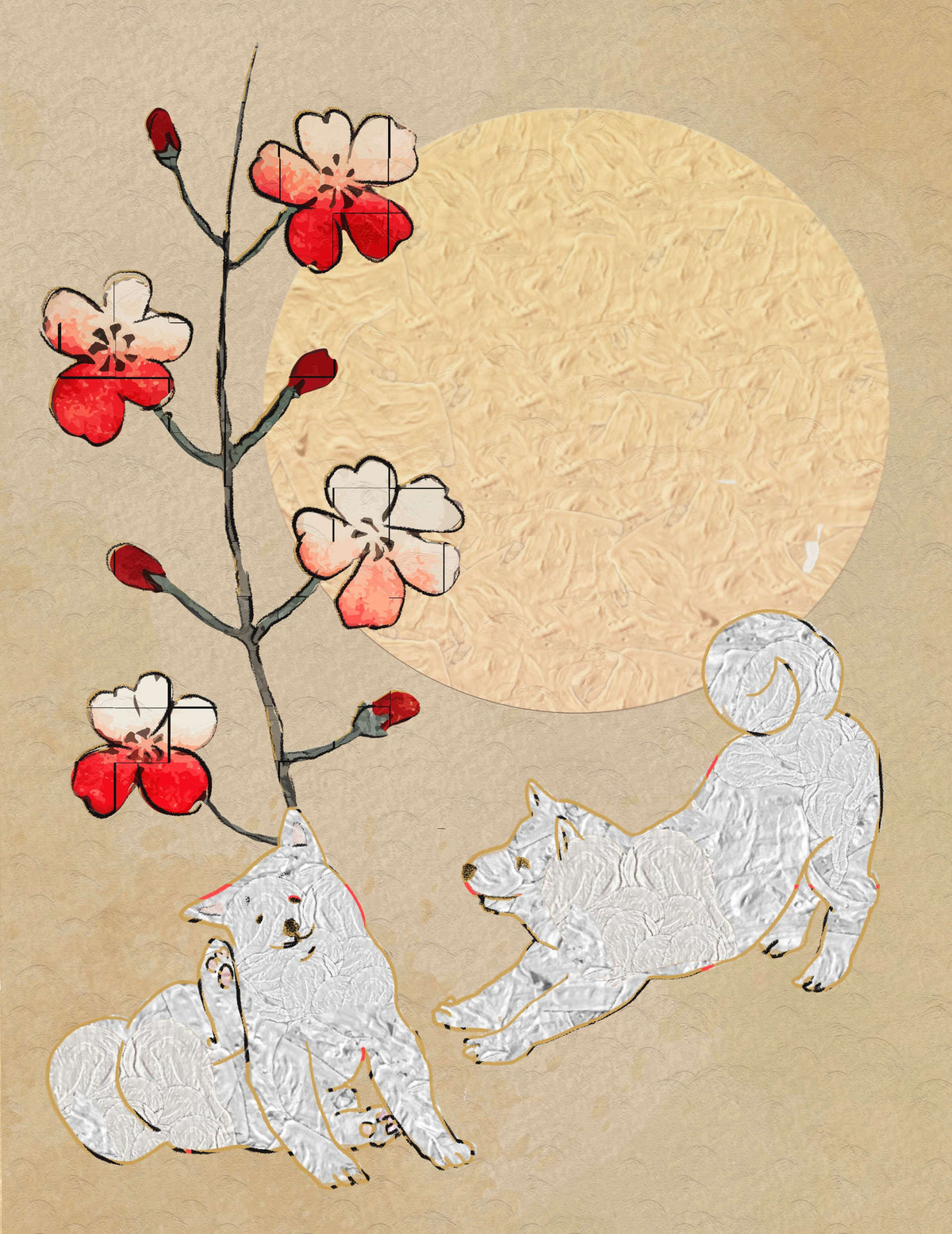 【キャンバスプリント：3号】和紙を背景に描いた和風の柴犬達（全3種類）