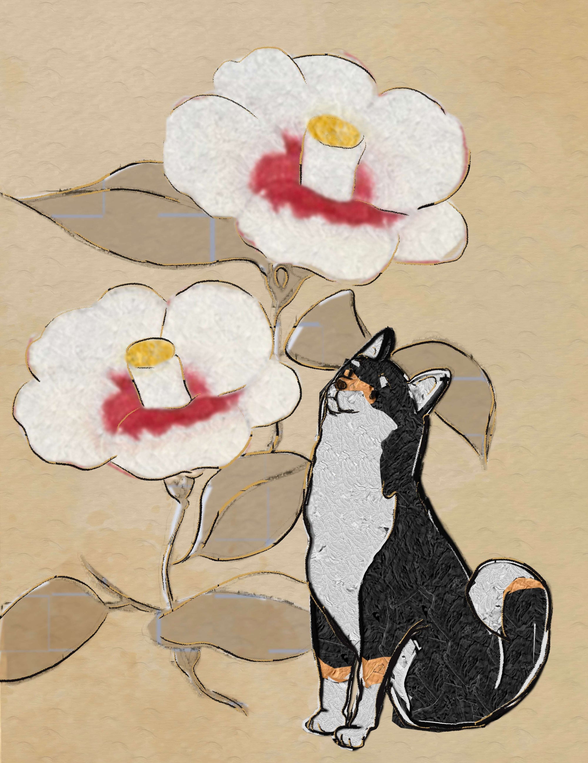 【キャンバスプリント：3号】和紙を背景に描いた和風の柴犬達（全3種類）
