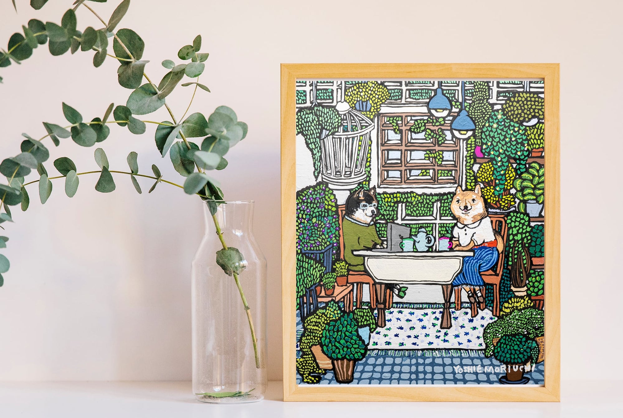 【原画】 胡麻柴さんと黒柴さんのお茶タイム　（ Tea time with sesame color Shiba Inu and Black Shiba Inu）